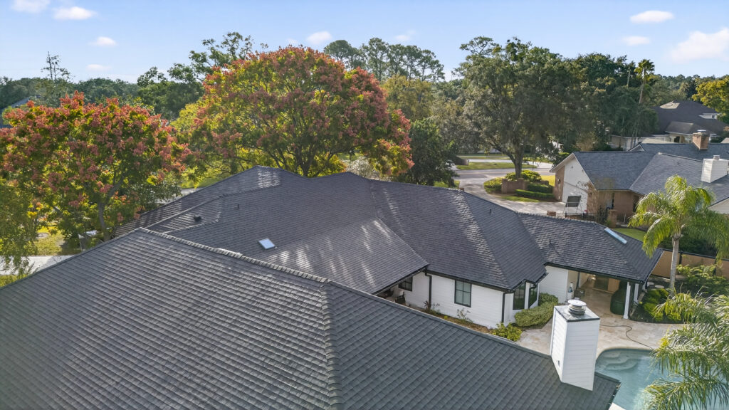 Aerial view of a completed Jacksonville Florida shingle roof replacement